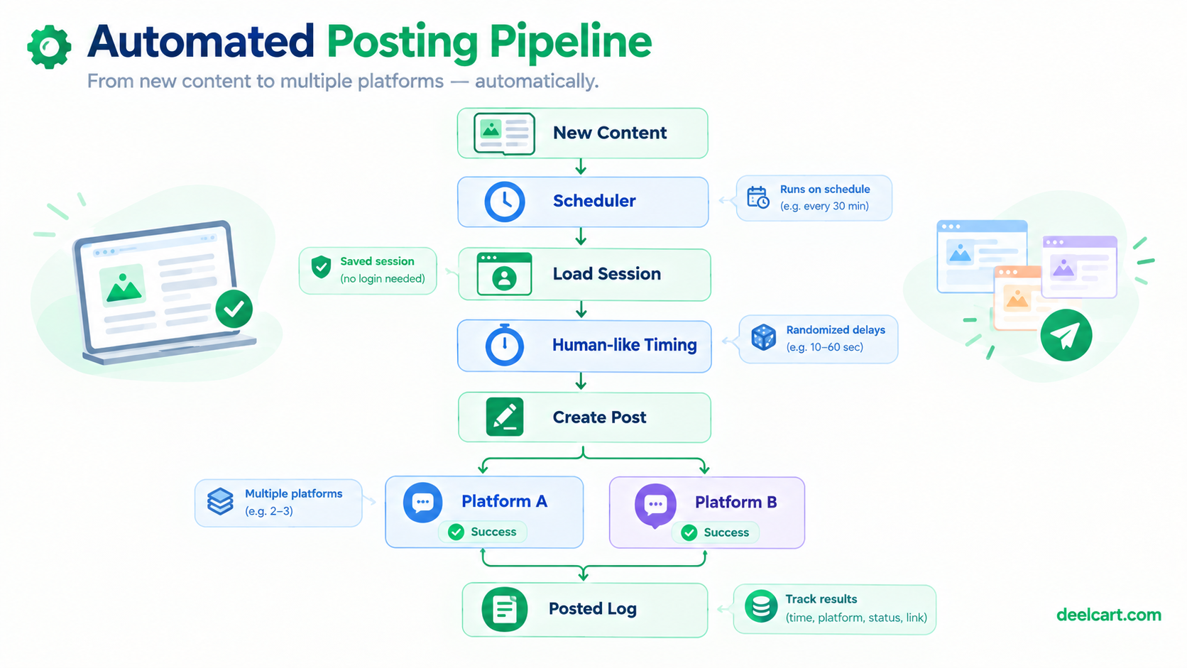 Puppeteer social media automation pipeline using scheduled content, saved sessions, randomized delays, and multiple platforms