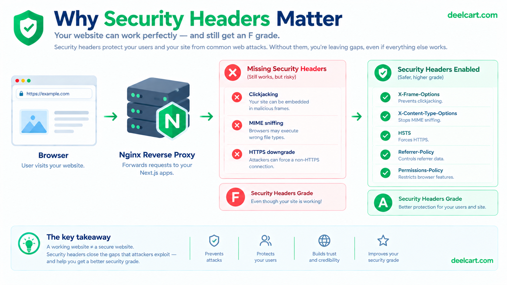 Nginx security headers protecting a Next.js website against clickjacking MIME sniffing and HTTPS downgrade attacks